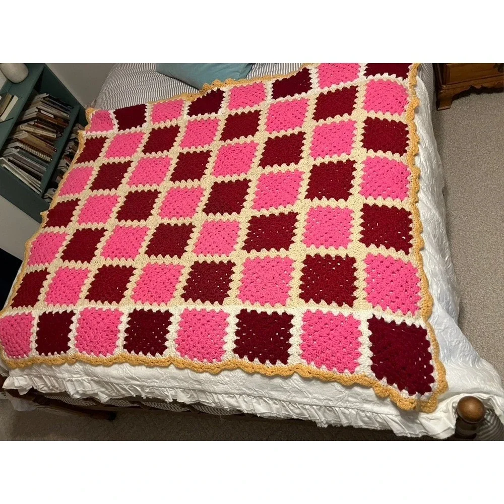 Handmade Crochet Granny Square Blanket Unisex 42x49 Pink Red Beige Cottage Throw